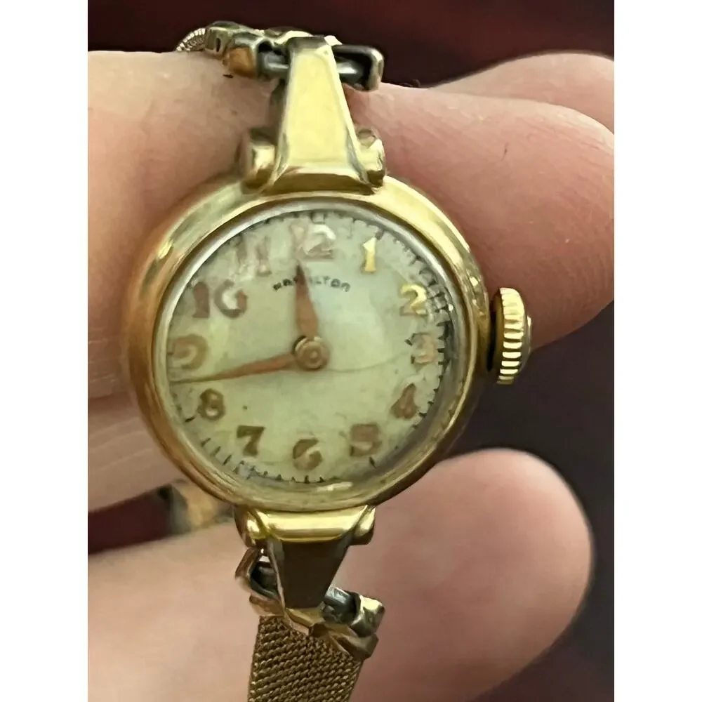 VTG Hamilton Ladies Wrist Watch 10K Gold Filled Art Deco Mesh Bracelet Untested